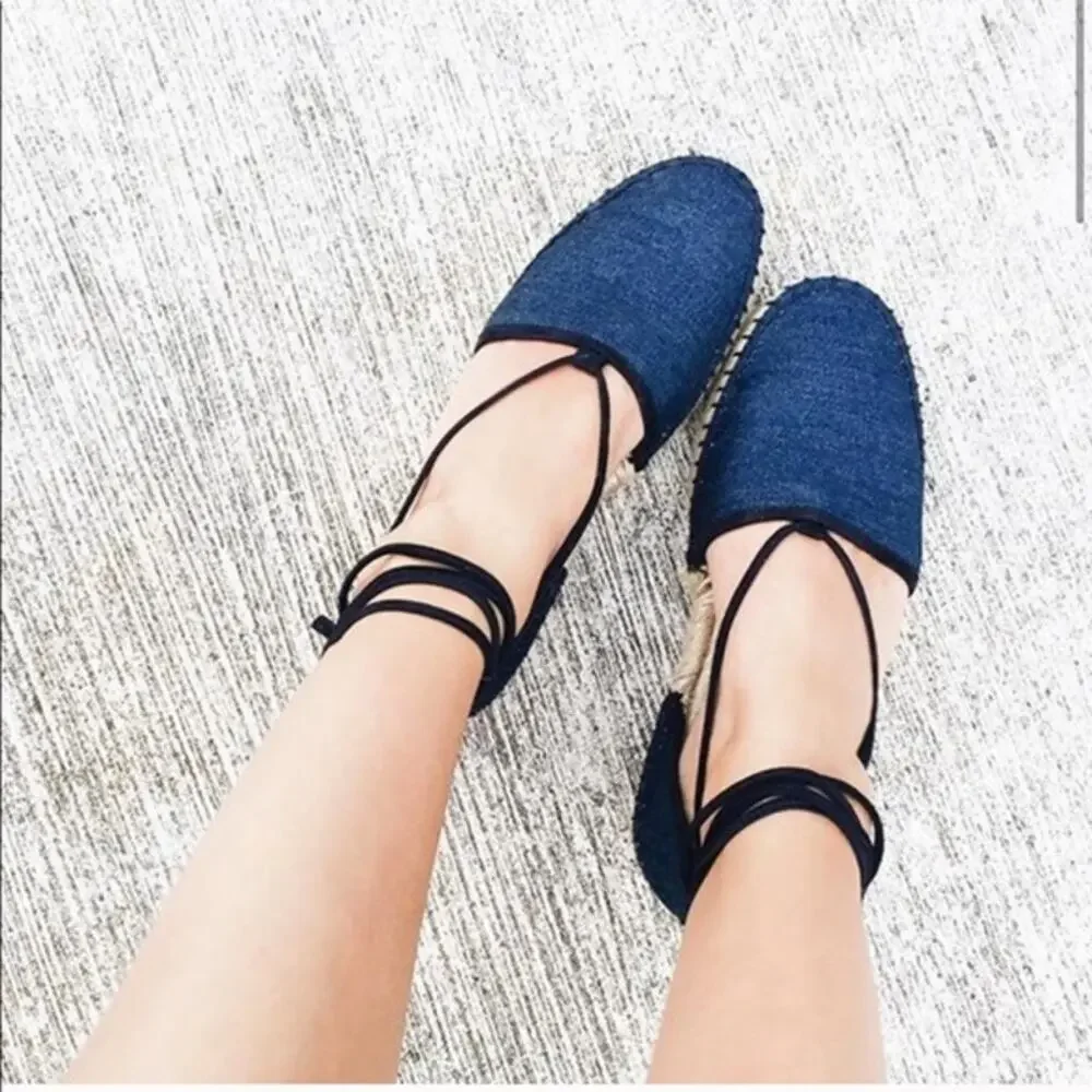 FRYE Leo Denim Espadrilles Wrap Up Lace Navy Size 7M